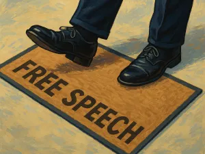 Person in suit wiping feet on Free Speech doormat